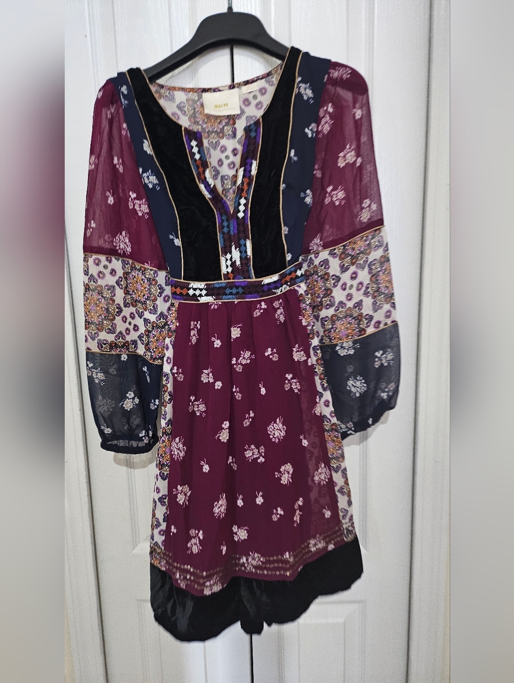 Maeve Anthropologie Dress Women Boho Floral Velvet Trim Tie XS Sheer Sleeve. - Picture 4 of 16